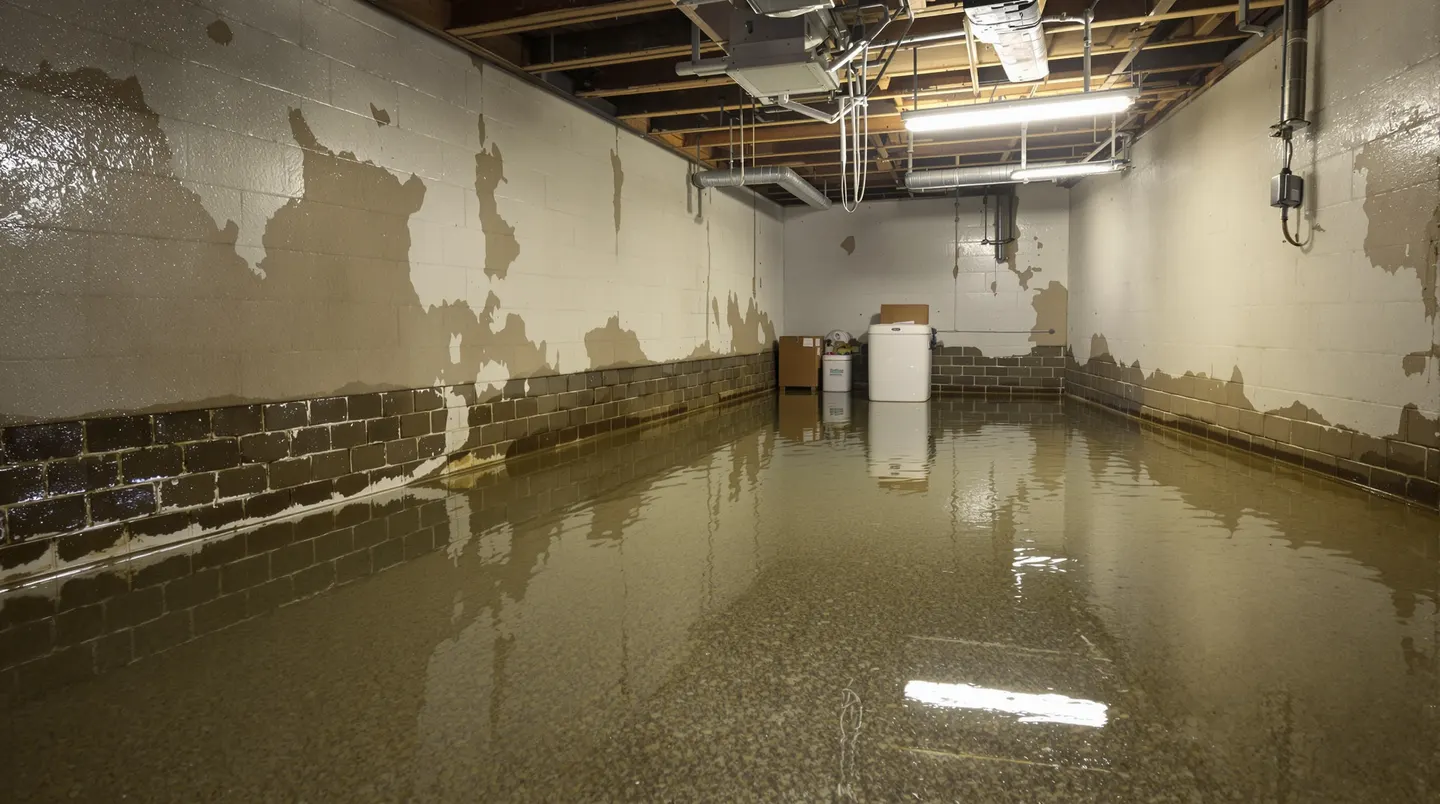 A flooded basement with standing water covering the floor — the financial and structural consequences of unchecked water pressure