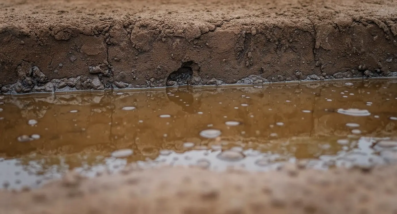 Saturated soil near a foundation — the type of water-logged conditions that create persistent hydrostatic pressure in Des Moines area homes