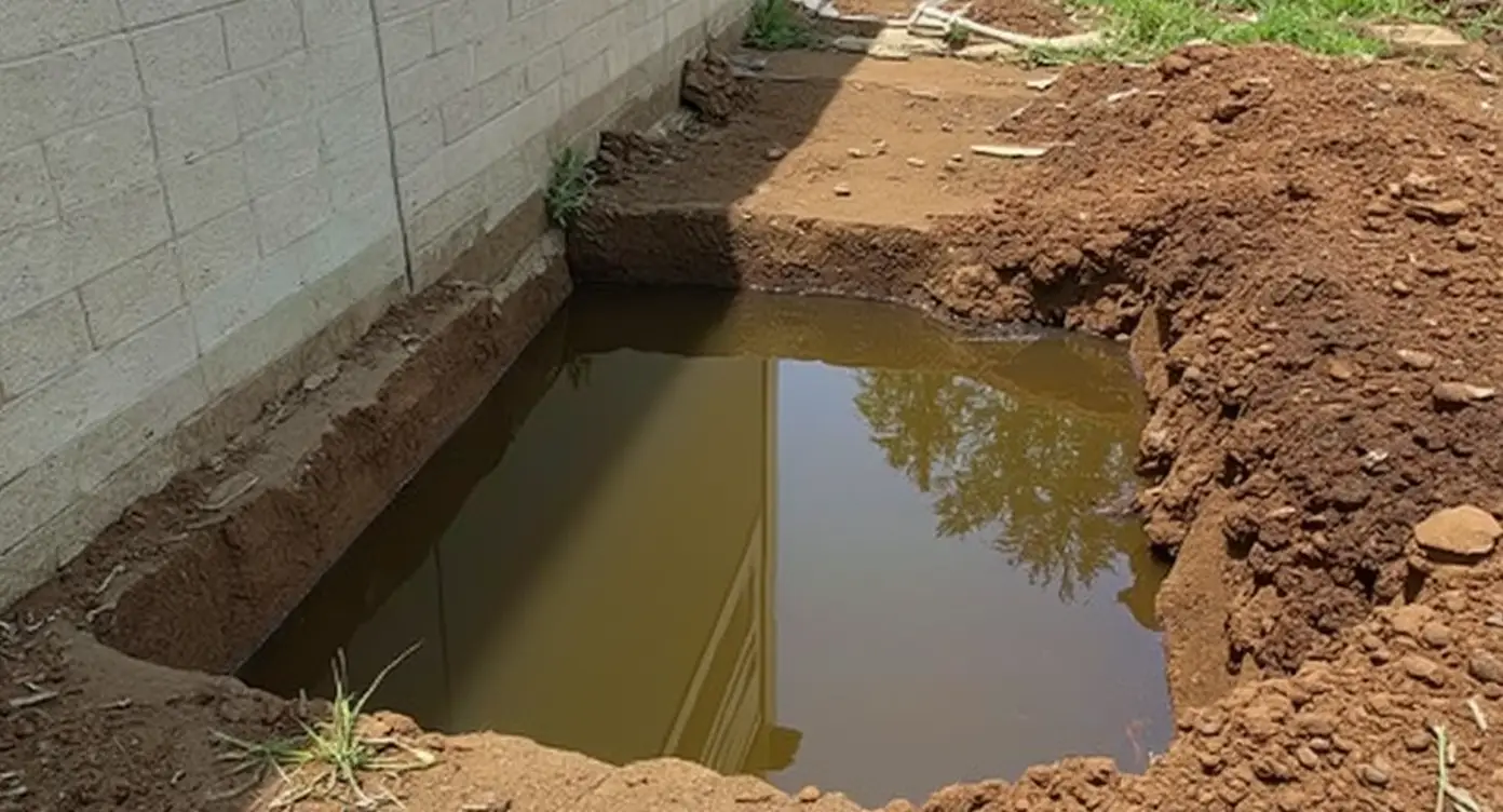 Excavation near a foundation revealing high water table levels — the primary threat to Des Moines area basements